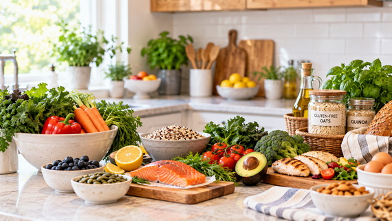 DIsplay of foods on a kitchen counter